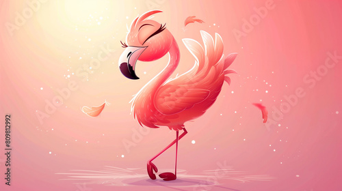 A smiling flamingo standing gracefully on one leg, its feathers ruffled by a gentle breeze, chibi illustration, cute animals
