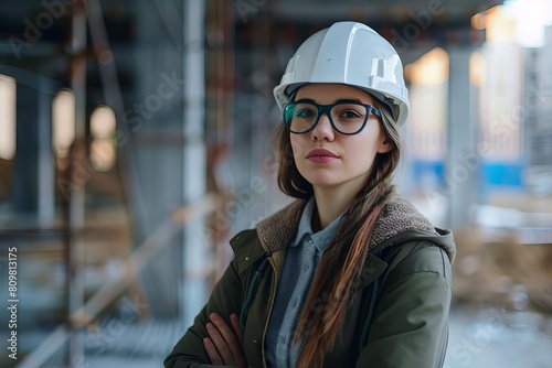 confident young female engineer in hard hat standing at construction site breaking gender stereotypes in maledominated industry portrait