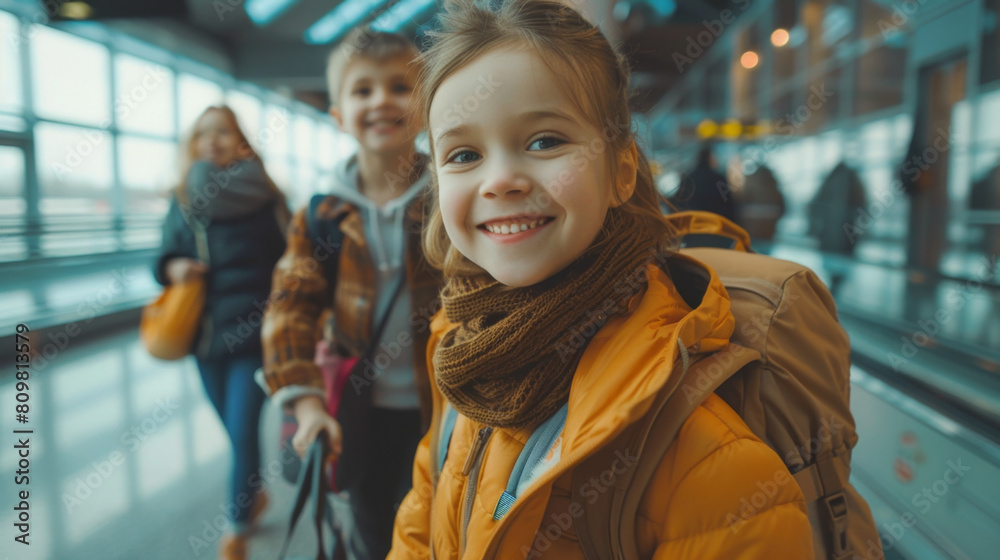 Family at airport, kids with backpacks, parents with passports, walking excitedly to gate Family at airport, kids with backpacks, parents with passports, walking excitedly to gate