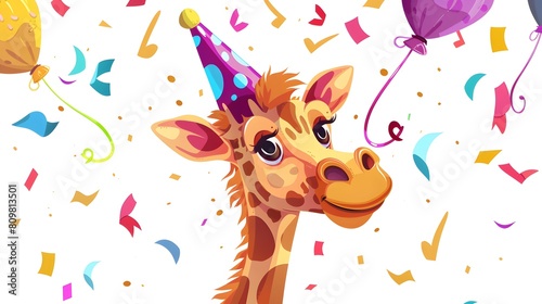 Giraffe wearing birthday hat celebrating