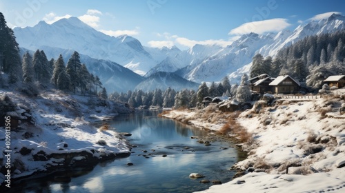 Winter Wonderland: Snow-Covered Mountains and Tranquil River with Cozy Cabins Amidst Snowy Landscape