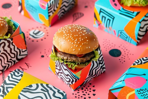 creative packaging colorful burger wrapper art with graphic patterns personalityfilled fast food takeout design photo