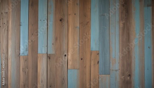 Pale faded brown and cool blue reclaimed wood surface with aged boards lined up. Wooden planks on a wall or floor with grain and texture