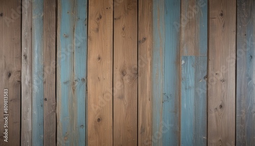 Pale faded brown and cool blue reclaimed wood surface with aged boards lined up. Wooden planks on a wall or floor with grain and texture