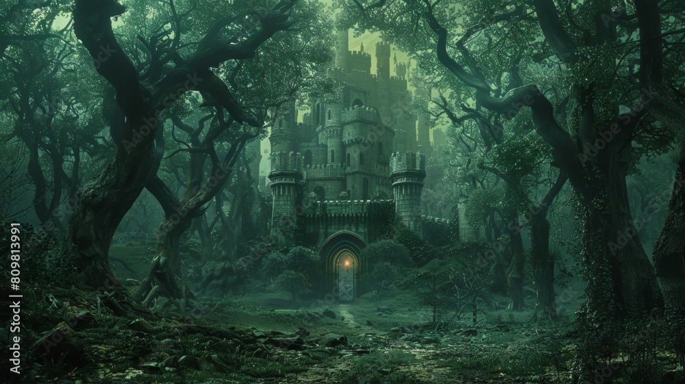 Enchanting castle in dark forest with ancient trees Enchanting castle in dark forest with ancient trees