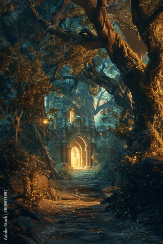 Enchanting castle in dark forest with ancient trees