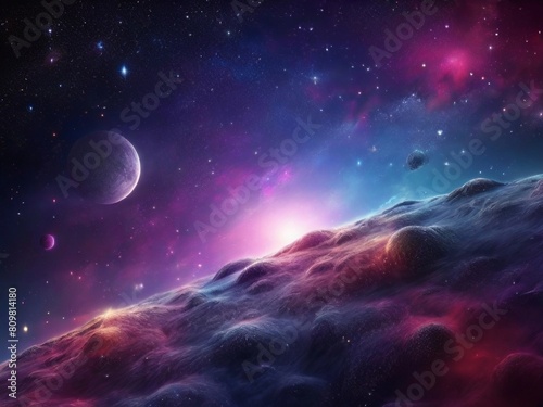 Cosmos background with realistic stardust, nebula, moon and shining stars. Colorful galaxy backdrop. Space vector illustration. Starry night, infinite universe, milky way bacground illustration