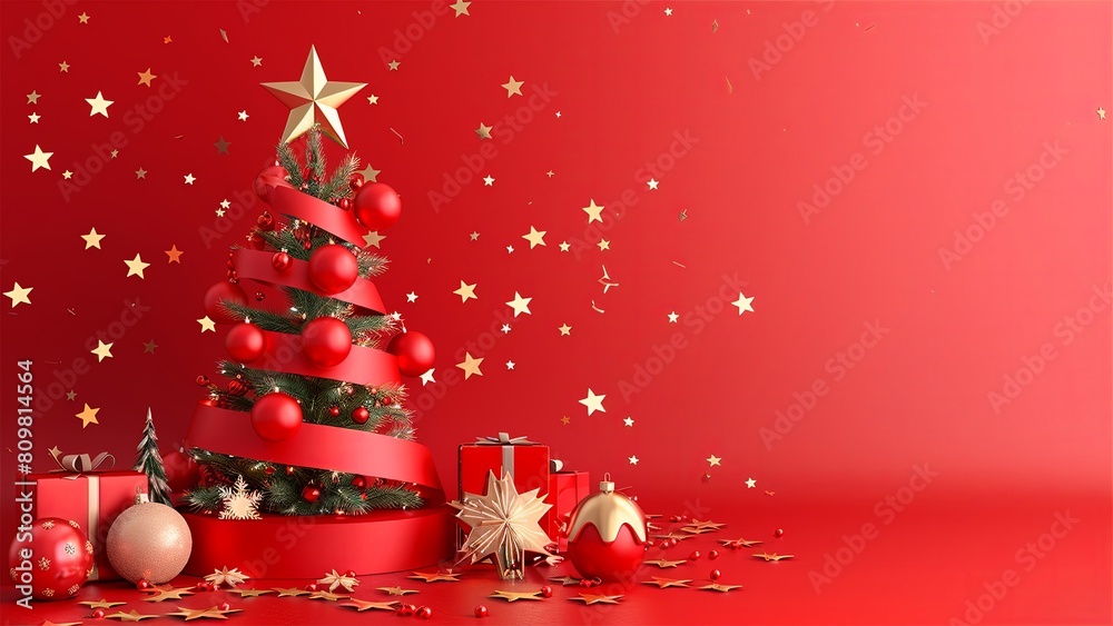Christmas tree. Red background. Christmas and New Year concept. Red. Christmas atmosphere. Minimalistic background. Generate AI.
