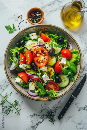 top down view on greek salad in a bowl on the table healthy eating © Miljan Živković