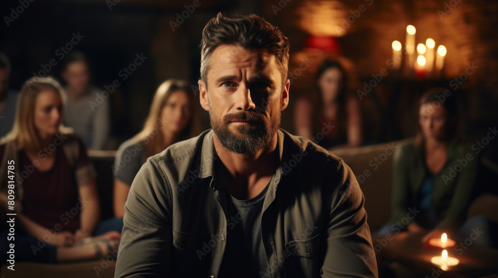 Concerned Man Discussing Health Issues in a Support Group Meeting in a Dimly Lit Room Concerned Man Discussing Health Issues in a Support Group Meeting in a Dimly Lit Room