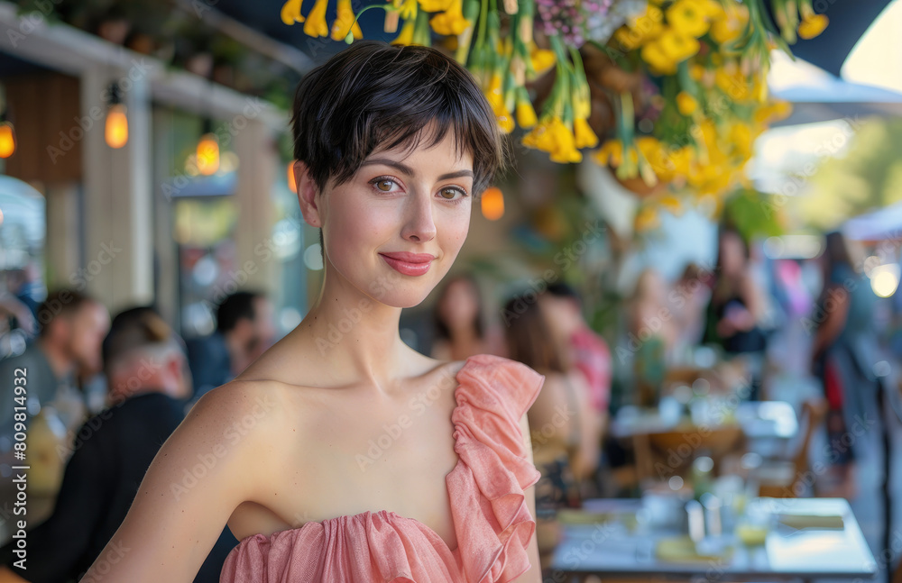 an elegant woman in her late thirties, wearing a peach ruffled dress and with a dark brown pixie cut hair style
