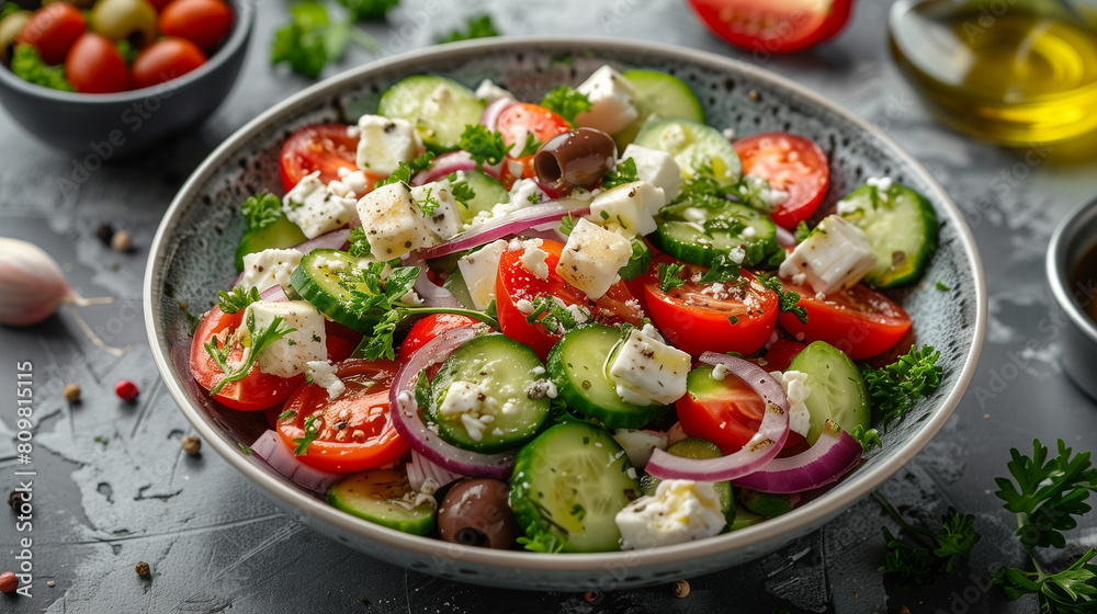 top down view on greek salad in a bowl on the table healthy eating