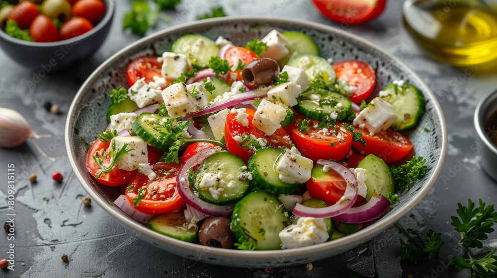 top down view on greek salad in a bowl on the table healthy eating top down view on greek salad in a bowl on the table healthy eating