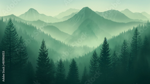 bluish-green mountains with dark green pine trees  photo
