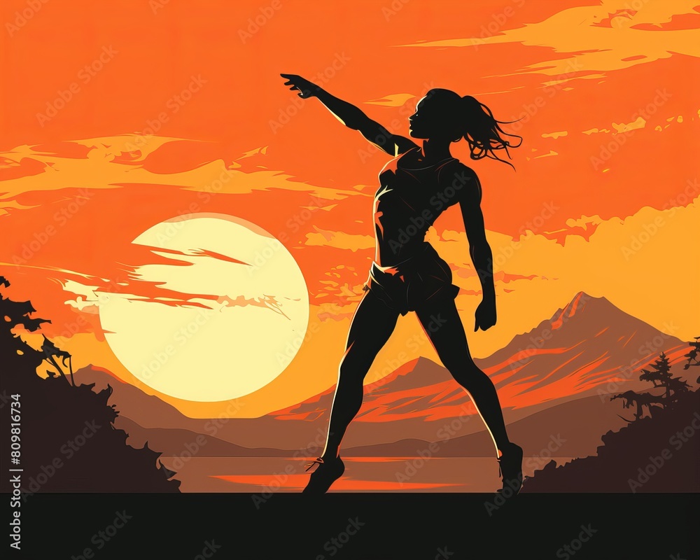 The photo shows a woman standing on a beach, with her arms outstretched The photo shows a woman standing on a beach, with her arms outstretched