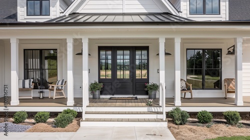 Luxury house exterior, entrance porch with patio area. Northwest, USA © Ajay