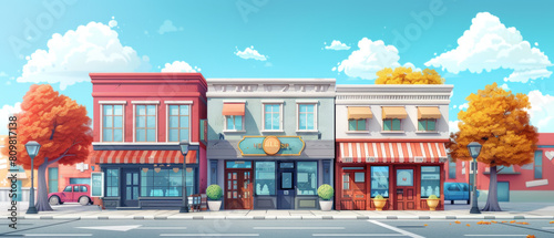 Illustration of a street lined with shop buildings © ChubbyCat