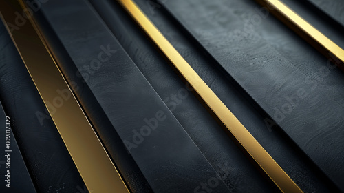 Minimalist geometric art with sleek gold strip lines on black background.