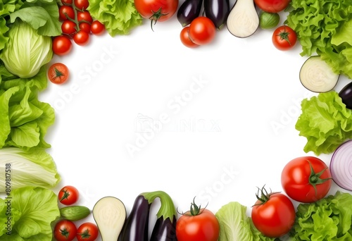 Fresh vegetables including tomatoes  lettuce  and eggplant arranged in a frame on a white background