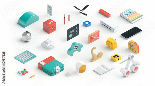 3D rendered icons depict technology and digital programs in isometric view. AI generative.