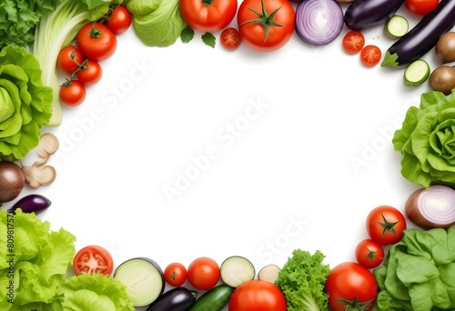 Fresh vegetables including tomatoes  lettuce  and eggplant arranged in a frame on a white background