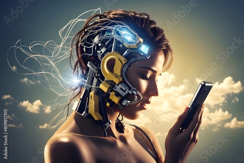 Cyborg Robot women with mobile, which cause harm to our body.  photo