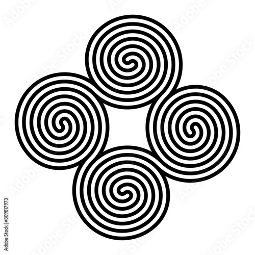 Geometrical pattern of four conjoined spirals. Tetraskelion or tetraskele, an ancient quadruple spiral symbol. Seamlessly connected double-armed Archimedean spirals exhibiting rotational symmetry.