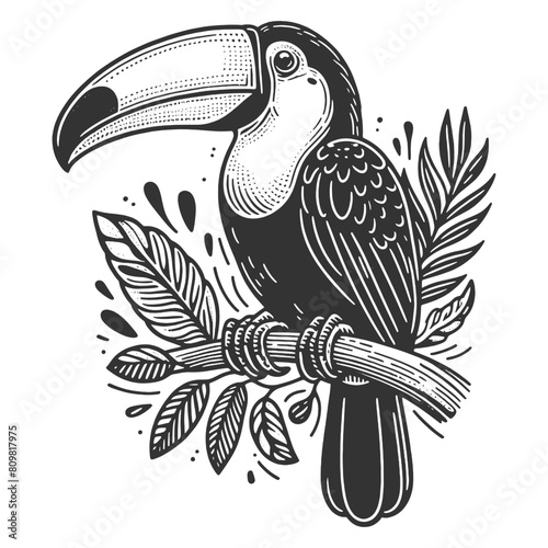 toucan bird perched on a branch, ideal for wildlife projects sketch engraving generative ai fictional character vector illustration. Scratch board imitation. Black and white image.