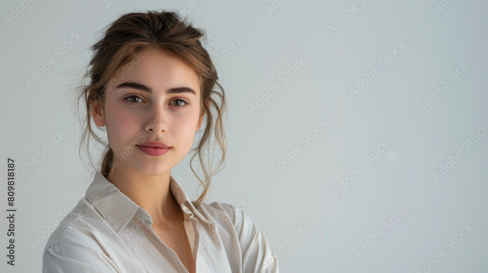 A professional woman in business attire against a soft pastel backdrop. A professional woman in business attire against a soft pastel backdrop.