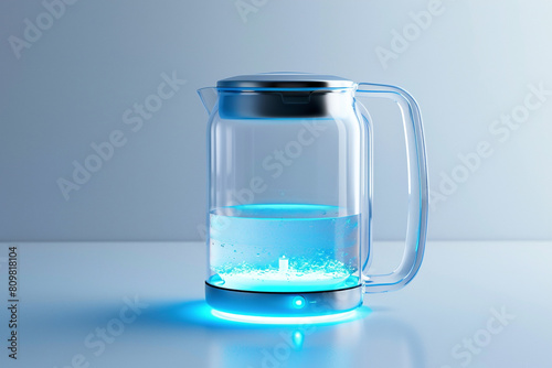 A minimalist glass electric kettle with blue LED illumination and a cordless design isolated on a solid white background.