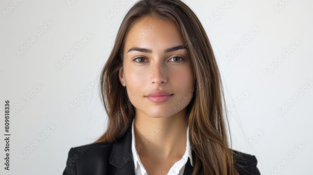 Straight-haired businesswoman in city street scene