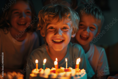 Happy Caucasian birthday boy celebrating a party with his friends and a big birthday cake with lit candles on it in front of him.
