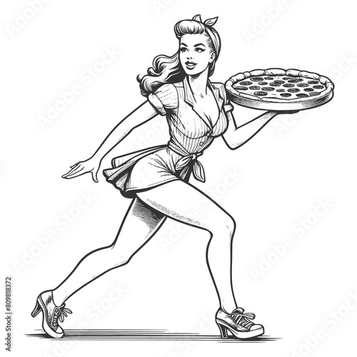 pin-up girl, confidently delivering a stack of pizza boxes with a flirty smile sketch engraving generative ai fictional character vector illustration. Scratch board imitation. Black and white image.