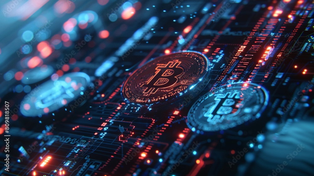 Fototapeta premium Bitcoin crypto currency on circuit board. Finance and money concept.