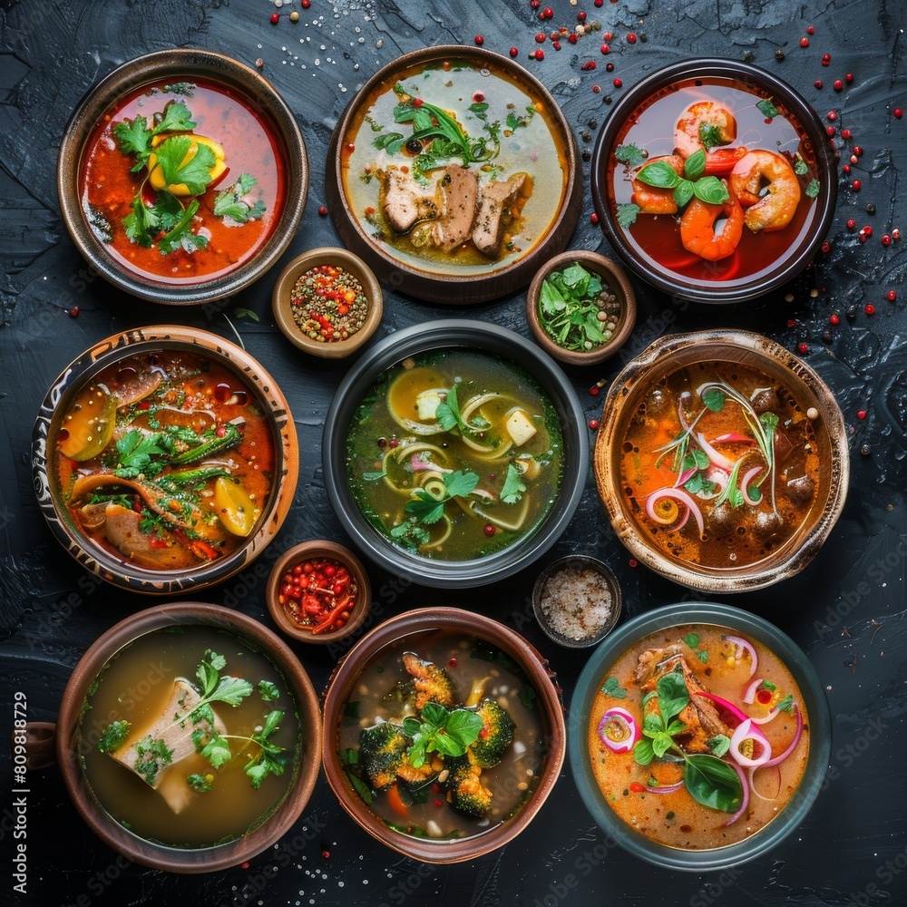 Asian Soups Set with Kespe Soup, Kullama or Beshbarmak, Fish Soup Bouillabaisse Asian Soups Set with Kespe Soup, Kullama or Beshbarmak, Fish Soup Bouillabaisse