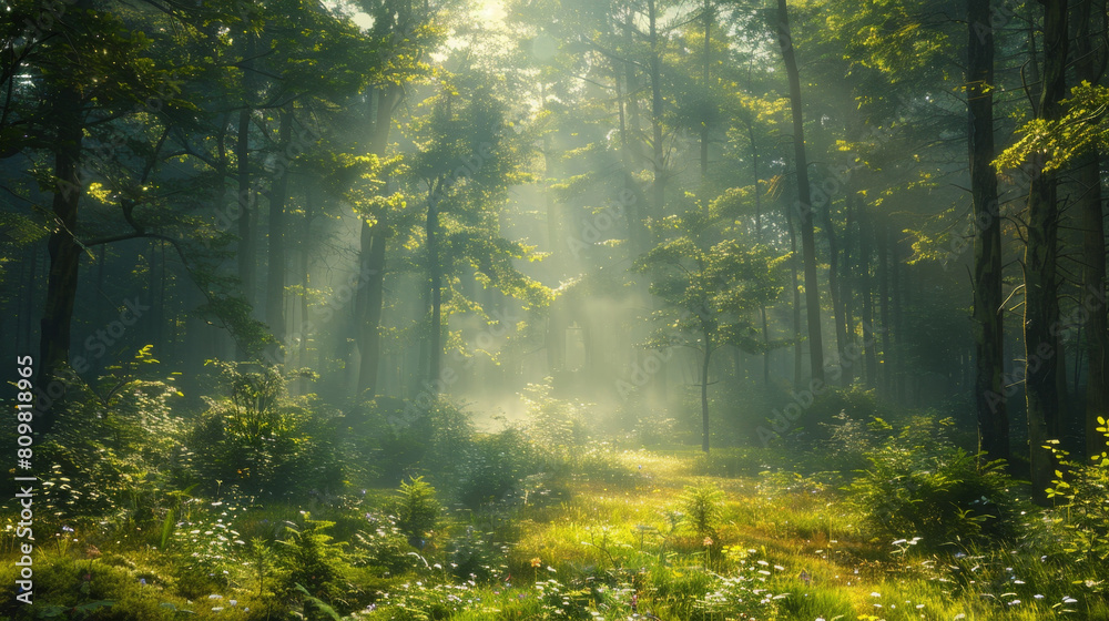 Majestic fairy tale castle in misty forest under morning light