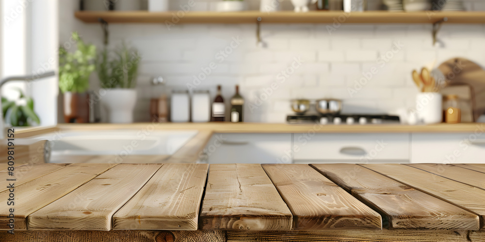 Empty beautiful wood table and blur bokeh modern kitchen interior background in clean and bright.