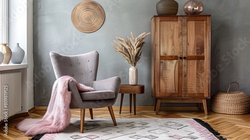 Grey lounge chair with pink fur blanket near wooden wardrobe against grey wall. Scandinavian, farmhouse home interior design of modern living room photo