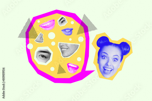 Composite collage picture image of excited female speech bubble face parts talking weird freak bizarre unusual fantasy billboard