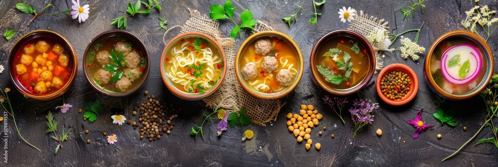 Soup Collection, Noodle, Meatballs and Chickpea Soups on a Rustic Background Top View, Various Broth