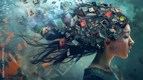 African woman's head bursting with information data, symbolizing the overwhelming effects of media and social media addiction.powerful visual metaphor of social media addiction.
