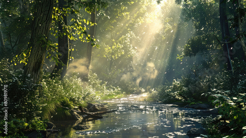 A serene forest scene with sunlight filtering through the trees  creating gentle rays of light on a small stream flowing past moss-covered rocks and lush greenery.
