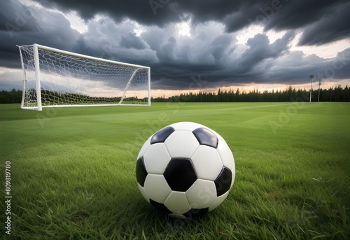 A soccer ball on a grassy field with a soccer goal in the background and a dramatic cloudy sky © Studio One
