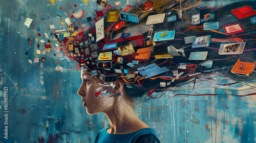 powerful visual metaphor of social media addiction, with a young woman's head bursting open from the pressure of excessive information.information illustrated by a young woman's brain exploding . photo