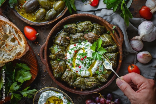 Traditional Turkish Dolma, Sarma or Dolmades with Tzatziki Sauce, Mediterranean Dish Dolmadakia photo