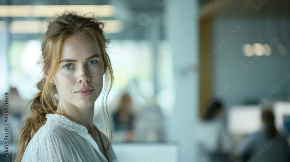 Portrait of young white woman in a busy modern workplace Portrait of young white woman in a busy modern workplace