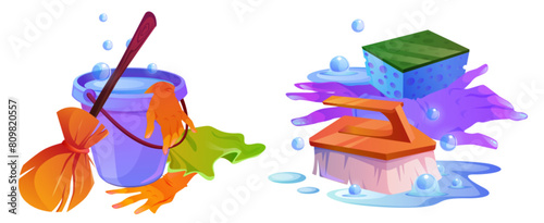 Home cleaning instruments set isolated on white background. Vector cartoon illustration of bucket, broomstick, wet sponge and brush, rubber gloves, soap bubbles, water puddle, house hygiene tools