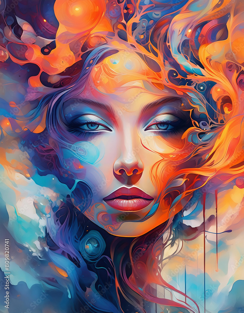 Beautiful woman face with abstract colorful background. Psychedelic design. Vector illustration Art collage. Beautiful woman face with abstract colorful background. Psychedelic design. Vector illustration Art collage.