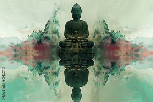 Illustration of a Buddha statue, concept of Buddhism, spiritual balance, mental practices and tranquility, Asian tradition culture, banner, poster, Buddha Purnima concept photo