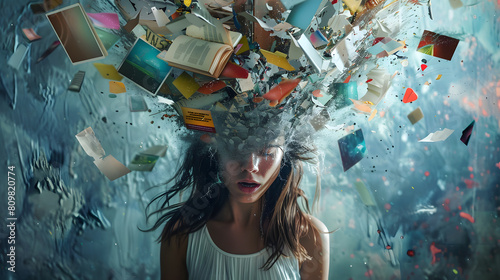 powerful visual metaphor of social media addiction, with a young woman's head bursting open from the pressure of excessive information.information illustrated by a young woman's brain exploding .